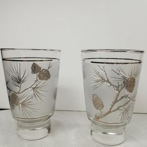 Set of 2 Mid Century Frosted Pine Glasses Barware